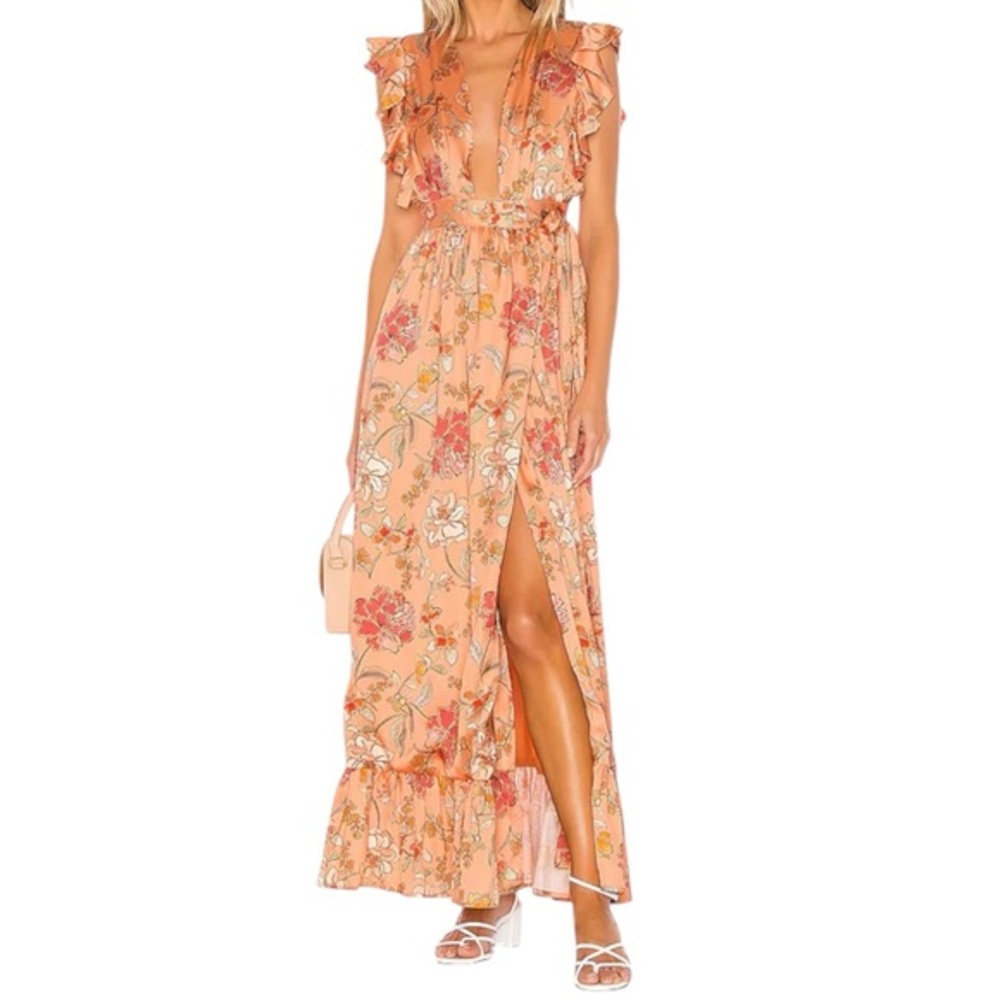 MAJORELLE Women’s Size S Vienna Orange Floral Sweet Pea Ruffle Maxi Wrap Dress